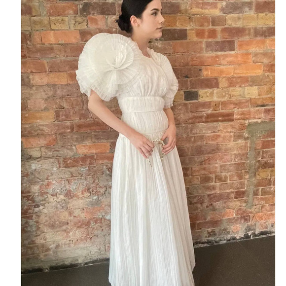 Aje. Dress Gown Expressive Pleated Maxi Dress Wedding Bride Puff Sleeve White 4 - Picture 4 of 14